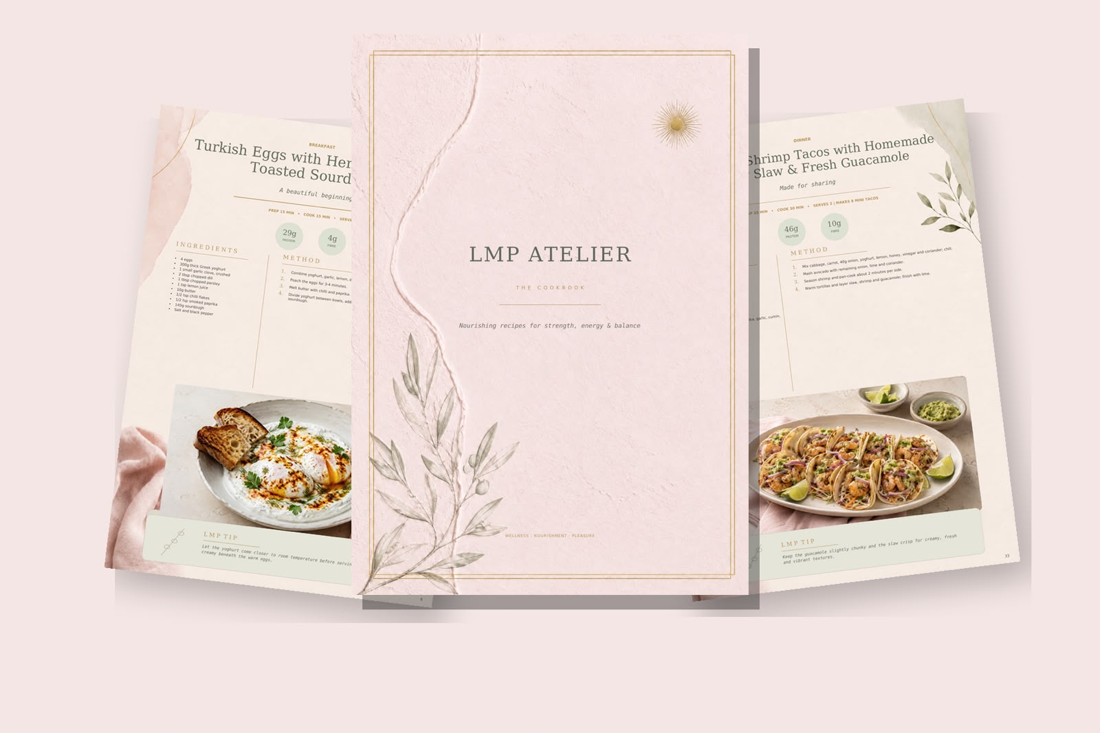 LMP Atelier Cookbook cover and recipe spreads fanned open