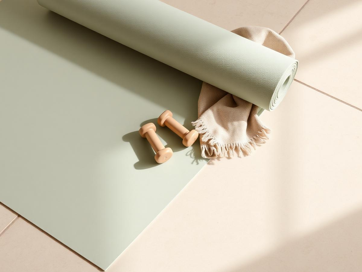A sage mat and light weights in warm daylight